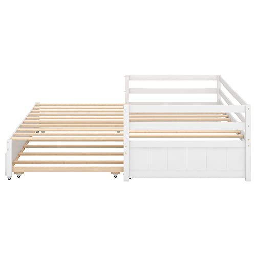 Twin Daybed With Trundle Wood Extendable Day Bed Frame Twin To Double Twin Size Daybeds Wooden Sofa Beds For Living Room Bedroom, White #TOP7