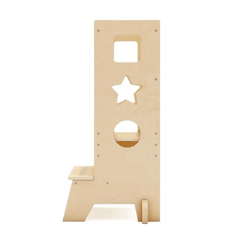 Guidecraft Jr. Classic Kitchen Helper Step-Up - Natural: Montessori Toddler Tower for Kids | Adjustable Height Wooden Learning Step Stool for Bathroom and Cooking