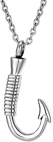 Norya Fish Hook Cremation Jewelry Ashes Urn Necklace Pet Holder Memorial Pendant Stainless Steel Waterproof Urn Pendant (Silver tone)