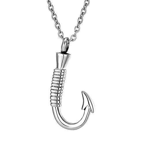 Norya Fish Hook Cremation Jewelry Ashes Urn Necklace Pet Holder Memorial Pendant Stainless Steel Waterproof Urn Pendant (Silver Tone) #TOP10