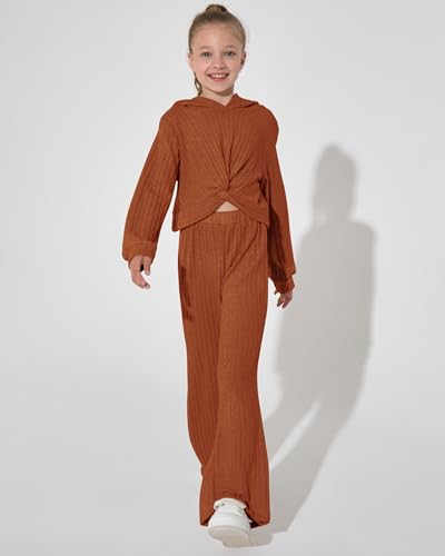 XUANHAO Girls Clothes Fall Winter Teen Outfits for Girl Rib Knit Twist Front Hoodie Flare Pants Sweatsuit Girls Clothing Set2