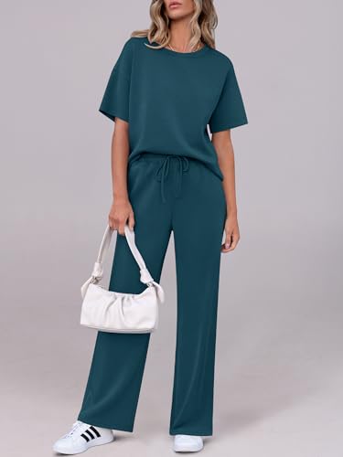 ANRABESS Lounge Sets for Women 2 Piece Summer Casual Travel Outfits 2026 Short Sleeve Wide Leg Pants Matching Set Sweatsuits Medium — view 2