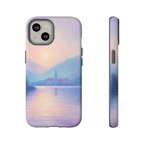 Coque iPhone 14 violette rigide mate paysage lac et village