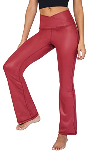 90 Degree By Reflex Faux Leather Flared Leg Yoga Pants - Squat Proof Interlink V-Back Cire Leggings - Rhubarb Crossover Waistband - XL