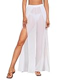 Bathing Suit Cover Up Pants Women White Beach High Waisted Flowy See Through Summer Leggings with Slits