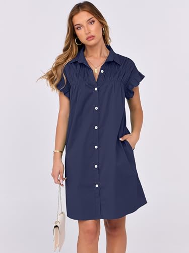 ANRABESS Womens Summer Button Down Shirt Dress Ruffle Short Sleeve Mini Dresses Loose Fit Casual Sundress with Pockets3