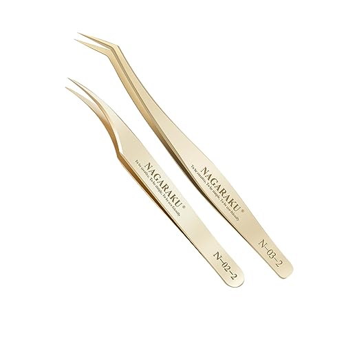 NAGARAKU Eyelash Extension Tweezers Gold Straight Curved Angled Long tip Volume Cluster Light Weight Easy Fanning Tweezer Stainless Steel Precision 1 Pair Lash Applicator Tool (N-02-2 & N-03-2)