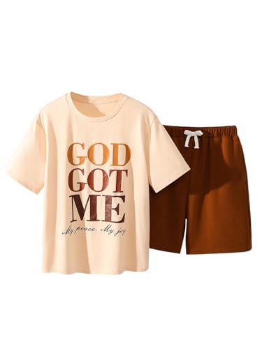 Image of SweatyRocks Boy's 2 Piece Outfits Letter Graphic Short Sleeve T Shirt and Shorts Clothing Set Khaki 11Y