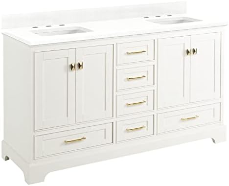 Signature Hardware 480739 Quen 60" Free Standing Double Vanity Set with Wood Cabinet, Vanity Top and Rectangular Undermount Vitreous China Sink - 8" Faucet Holes - Soft White/Feathered White