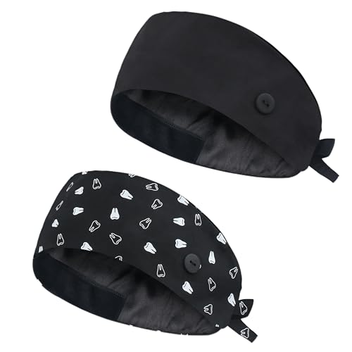 Image of Adjustable Scrub Cap with Button, Satin-Lined Cotton Scrub Hat Sweatband, Elastic Working Hat Unisex, One Size