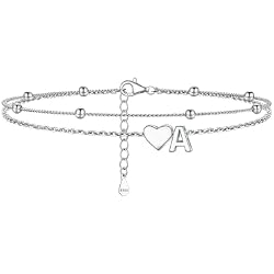 PROSILVER Ankle Bracelets for Women S925 Sterling Silver Anklets for Women Waterproof, Dainty Layered Heart Anklet, Beach Initial Anklet for Summer, Letter A-Z