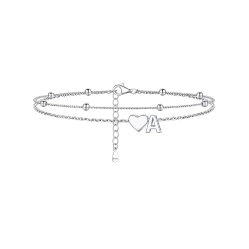 PROSILVER Ankle Bracelets for Women S925 Sterling Silver Anklets for Women Waterproof, Dainty Layered Heart Anklet, Beach Initial Anklet for Summer, L