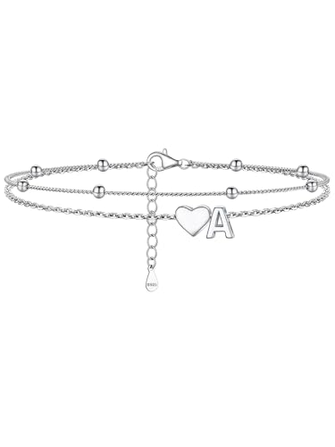 Image of PROSILVER Ankle Bracelets for Women S925 Sterling Silver Anklets for Women Waterproof, Dainty Layered Heart Anklet, Beach Initial Anklet for Summer, Letter A-Z