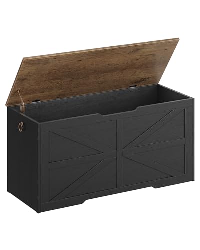Image of CHOEZON Storage Chest, 39.4" Wooden Storage Trunk, Modern Storage Bench with Safety Hinge, Toy Box, Farmhouse Style, for Bedroom, Living Room, Walnut and Black MCW10BL