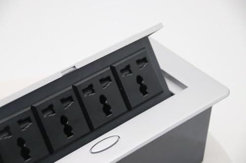 Image of COOLCOLD Hydraulic Cable Cubby Pop Up, Cable Manager Electrical Box with 4 Power Socket | Flip-Top Hidden Desk Module for Office, Home & Conference Table | Space-Saving Flush Mount Design (Silver)