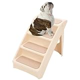 Kojem Foldable Pet Stairs Dogs & Cats Steps for High Bed Couch Truck SUV 4 Non-Slip Steps with Support Frame Indoor Outdoor Portable Pet Ladder Beige PP