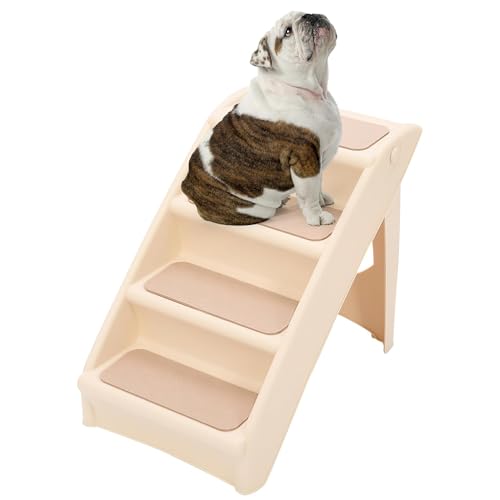 Kojem Foldable Pet Stairs Dogs & Cats Steps for High Bed Couch Truck SUV 4 Non-Slip Steps with Support Frame Indoor Outdoor Portable Pet Ladder Beige PP