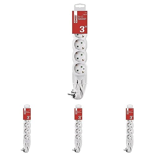EMOS Steckdosenleiste 5-Fach, 3 m Kabel, weiß, 1,5 mm, Steckdosen 45° gedreht, 5-Fach Schuko Mehrfachsteckdose mit erhöhtem Berührungsschutz, IP20 für Innenbereich (Packung mit 4)