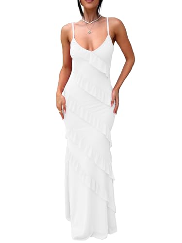 HOCILLE Women's Sexy V Neck Backless Bodycon Spaghetti Strap Elegant Ruffle Maxi Cocktail Party...