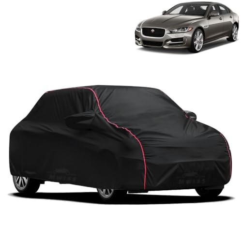 Image of Waterproof Car Cover for Jaguar XE | All-Weather Protection, Dustproof & UV Resistant | Triple Stitched Mirror Pockets, Windproof Buckle Strap with Elastic Hem, Black-Red Piping
