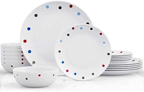 18-Piece Kitchen Dinnerware Set, MEKY Colorful Polka Dots Glassware Plates, Dishes, Bowls, Service for 6, Crack Resistant Dish Set