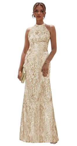 Halter Mother of The Bride Dresses Long Mermaid Formal Dress for Women Sequin Lace Evening Party Gown