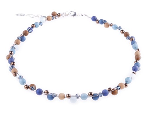 Zarte Kette “Johanna”, Materialmix aus Polaris- und Glasperlen in Blau- und Brauntönen, handgefertigt von Adi Modeschmuck in Berlin