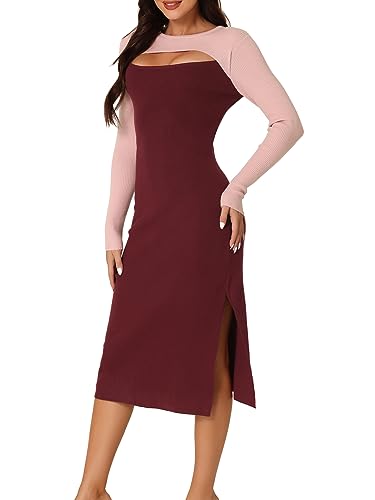 Image of Seta T Women's Long Sleeve Crew Neck Stretch Slim Cutout Color Block Ribbed Knit Bodycon Midi Sweater Dress