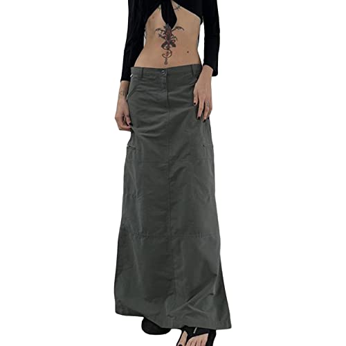 Jupe longue plissée décontractée Grunge Fairycore Cargo Maxi Jupes Y2K avec cordon de serrage - Jupe plissée réglable pour fille - Esthétique Streetweaer, gris, 36 Cover