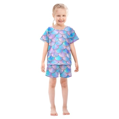 ALAZA 3D Mermaid Scales Blue Pajamas Short Sleeve 2 Piece Sleepwear Top and Bottom Pajama Set Unisex3
