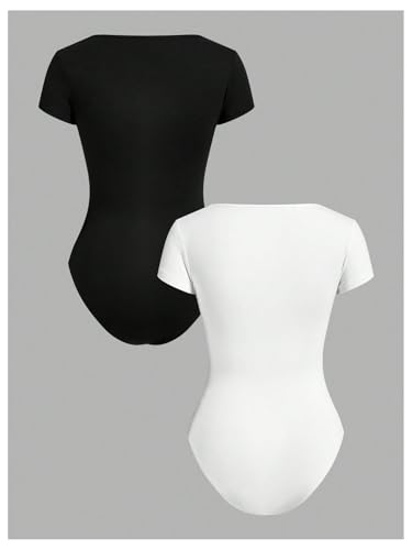 Girl's 2 Packs Square Neck Bodysuit Short Sleeve Shapewear Leotard Summer Tops Basic Tees2