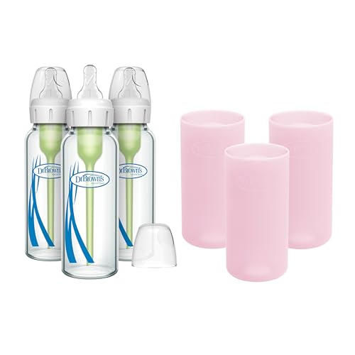 Image of Dr. Brown's Anti-Colic Options+ Narrow Glass Baby Bottles 8 oz/250 mL, with Level 1 Slow Flow Nipple, 3 Pack 0m+ with Pink 100% Silicone Sleeves, BPA-Free