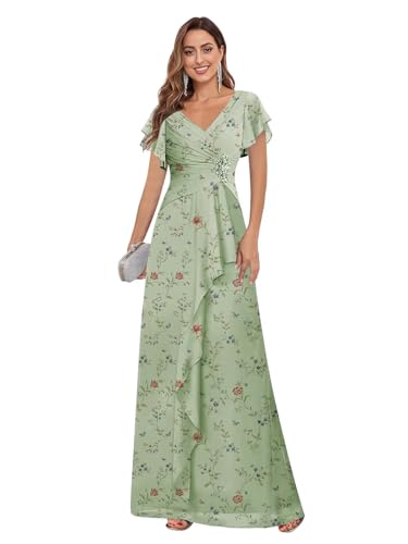 Chiffon Short Sleeve Mother of The Bride Dresses with Ruffles V Neck Beaded Pleated Wedding Guest Dress