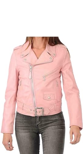 Women's Genuine Lambskin Leather Belted Biker Jacket Baby Light Pink Motorcycle Jacket2
