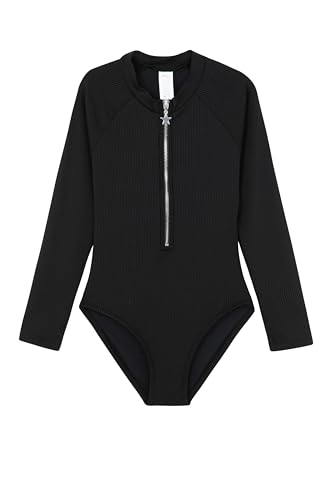 Image of Gottex Kids Girls Summer Rib Textured Long Sleeve Zip Front One Piece Swimsuit Built-in 50+ UPF UV Protection Swimwear