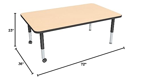 Image of Sprogs Adjustable Height Mobile Classroom Activity Table for Preschools, Rectangle Preschool Activity Table with Casters, 36 inchD x 72 inchW x 23 inchH, Maple /Black