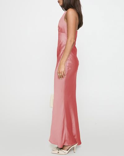 Image of Women's Satin Dresses Summer Bodycon Sexy Halter V Neck Backless Elegant Formal Prom Cocktail Wedding Guest Maxi Dress