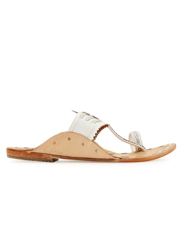 Image of Women's Genuine Leather Handmade Kolhapuri Flats Slip Ons Sandals for All Occasions - White & Silver