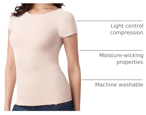 Image of +MD Women's Seamless Short Sleeve Undershirt, Light Compression Scoop Neck Tank Top, Tummy Control Basic Tee Camisole