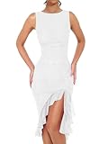 BORIFLORS Women's Sexy Elegant Boat Neck Bodycon Midi Dresses Ruffle Hem Sleeveless Ruched Cocktail Party Tank Dress, Large, White