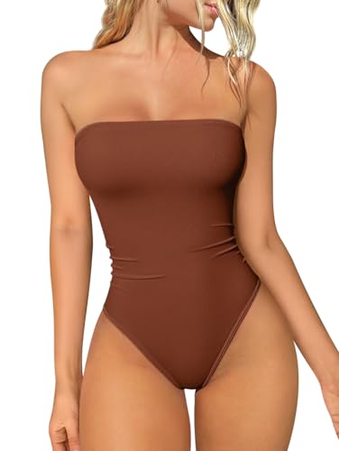 Image of OQQ Womens Tube Bodysuits Strapless Basic Sleeveless Ruched Stretch Classic-Fit Tops Sexy Bodysuits