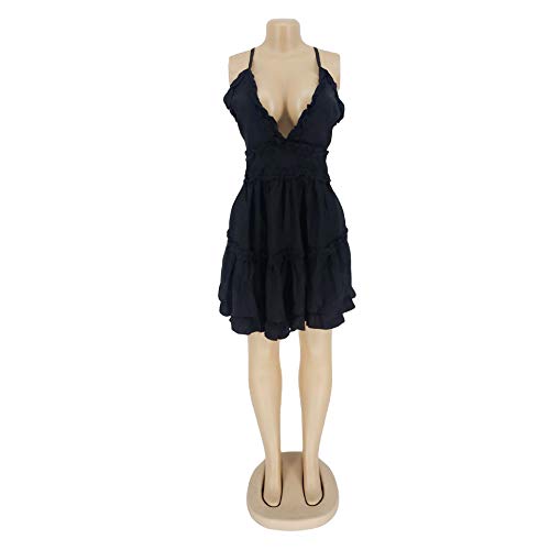 Image of WOKANSE Women Sexy V-Neck Sleeveless Spaghetti Straps Cross Backless Ruched Ruffle Party Club Beach Mini Dresses