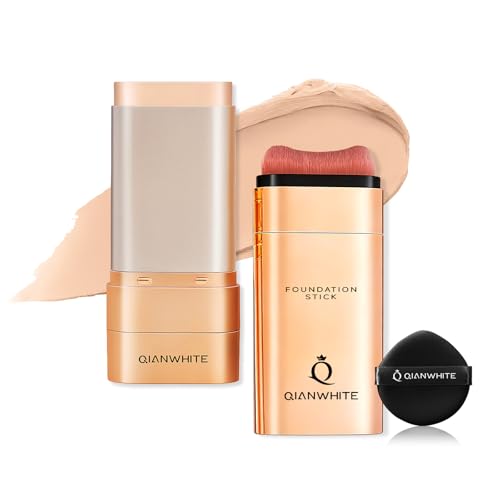 QIANWHITE Korean Foundation Stick Foundation for Mature Skin Tint, Buildable Light to Full Coverage Foundation Makeup Concealer, Dual-Ended with Brush for All Skin - Natural Dewy Finish (LIGHT SKIN)