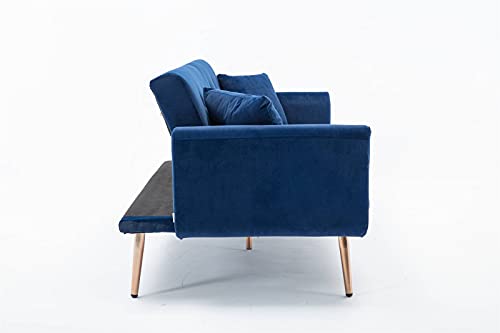 63.7" Navy Blue Velvet Couch, Tufted Loveseat Sofa, Convertible Futon Sofa Bed, Accent Sofa Recliner, Golden Metal Legs, 2 Couch Pillows, Mid Century Modern Sofas For Home Living Room Bedroom #TOP4