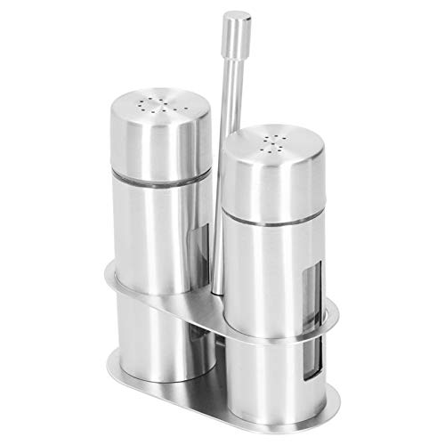 UPQRSG Salero y pimentero con soporte, juego de recipientes menos de acero con ventana de vidrio, dispensador de sal y pimienta de vinagre de aceite, para encimera de cocina o mesa de restaurante