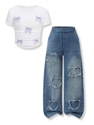 Image of Size 7-14 Years Girls 2 Piece Outfits Bow Short-Sleeved Top and Jeans Pants Clothing Set
