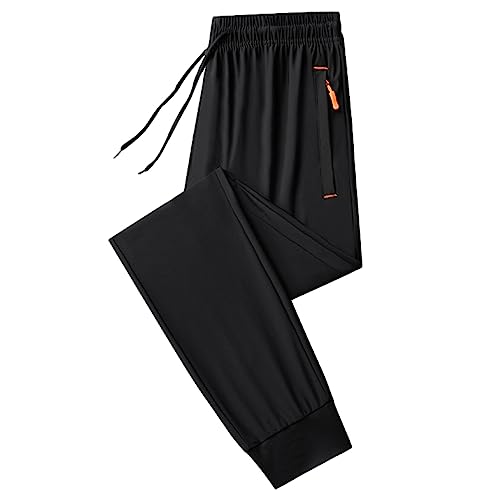 Jamron Hombre Verano Pantalones de Chándal Elásticos y Finos Pantalones Deportivos con Bolsillos con Cremallera Pantalones Casuales Ligeros Fondo Cerrado Negro & Naranja 5XL
