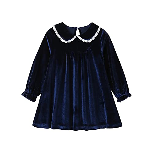 Mud Kingdom Girls’ Dresses Peter Pan Collar Lace Trim Velvet Dress for Toddler Girl Long Sleeve A-Line Dress Navy Blue 3 Years