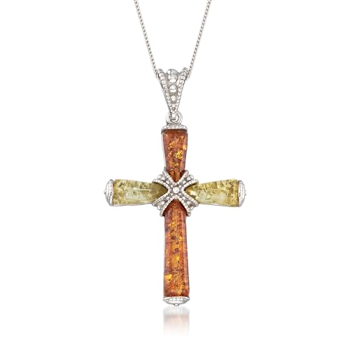 Ross-Simons Two-Tone Amber Cross Pendant Necklace in Sterling Silver