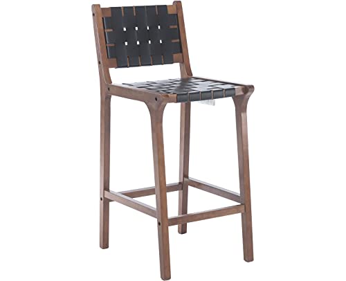 Butacos de bar Kmax de 28 pulgadas, estilo granja, con asiento de cuero sintético trenzado y patas de madera, con reposapiés, para isla de cocina — juego de 2, color negro miniatura 6